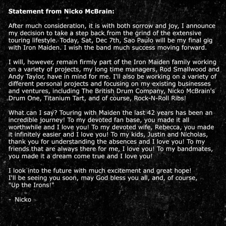 Ο Nicko McBrain αποχωρεί από τις περιοδείες των Iron Maiden